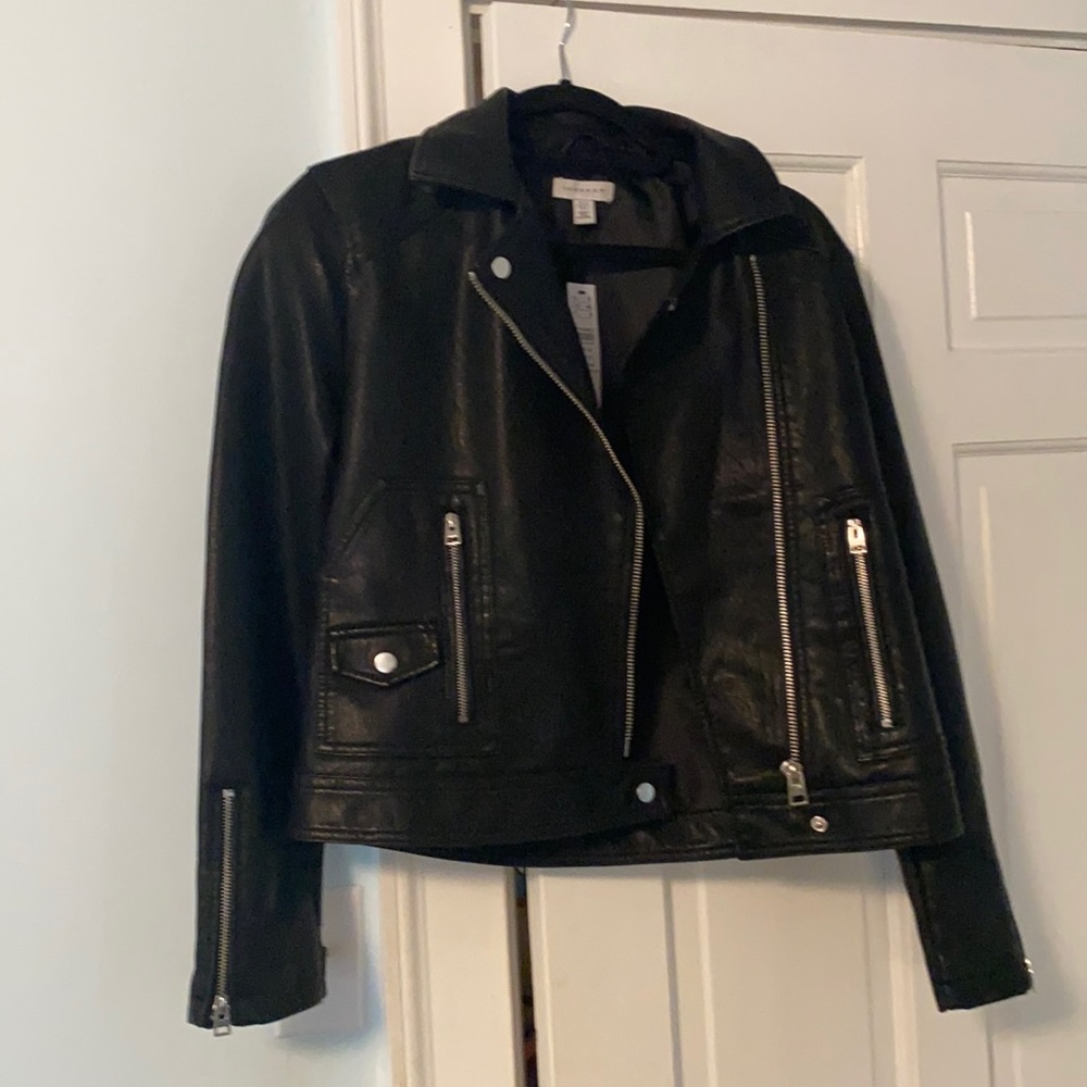 Top shop black leather coat, never worn